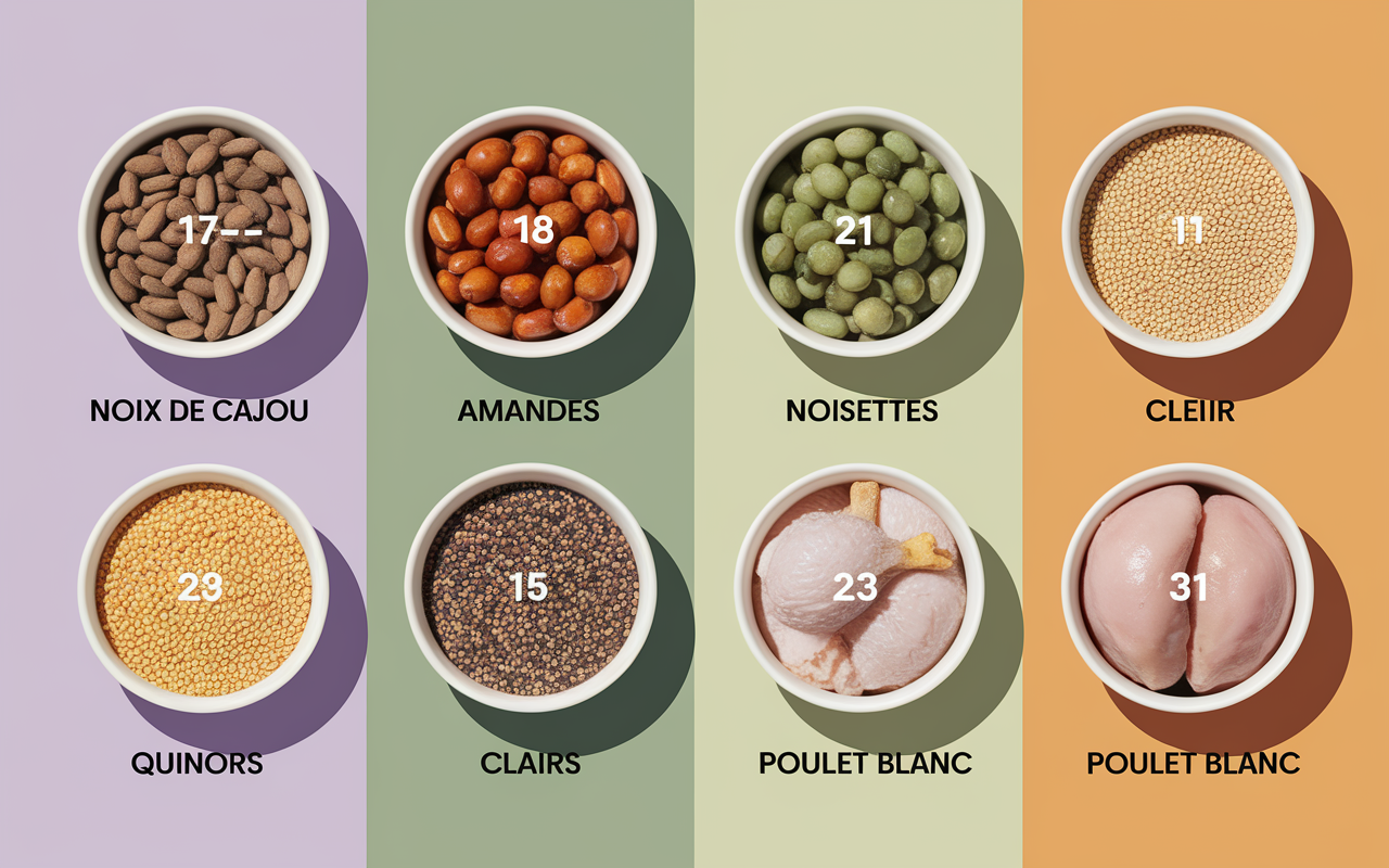 Tableau bols cajou amandes lentilles quinoa poulet, quantite proteines