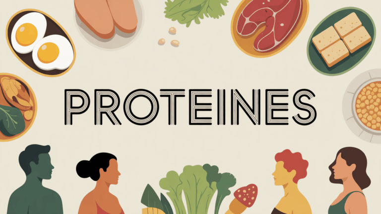 illustration aliments riches en proteines et silhouettes vitalite