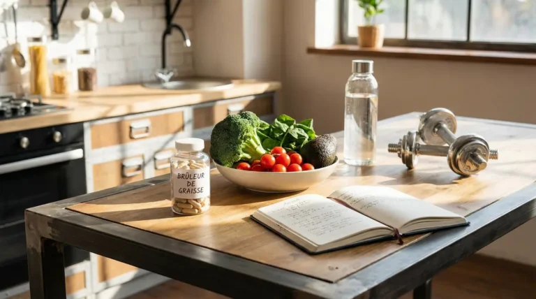 bruleur de graisse capsule avec légumes, eau, carnet, haltères