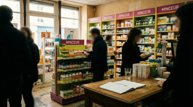 Pharmacie avec bruleurs de graisse, clients choisisant produits minceur