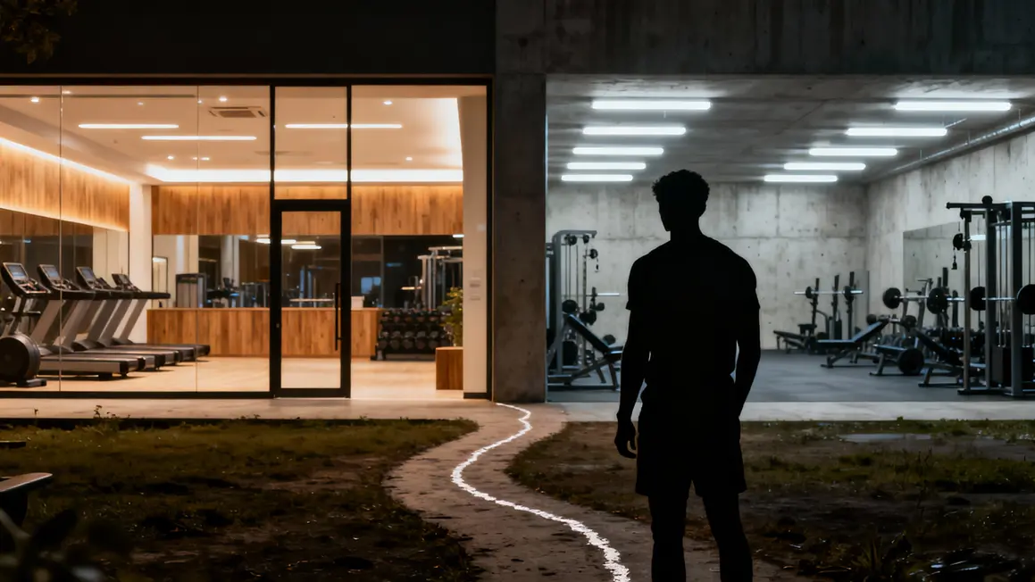 Silhouette hésitante devant deux salles de sport