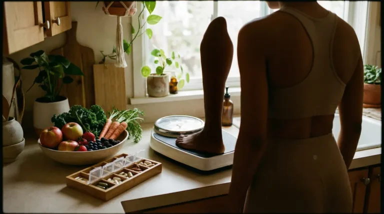 Balance, sportif, pilulier et fruits pour complément brûle-graisse efficace