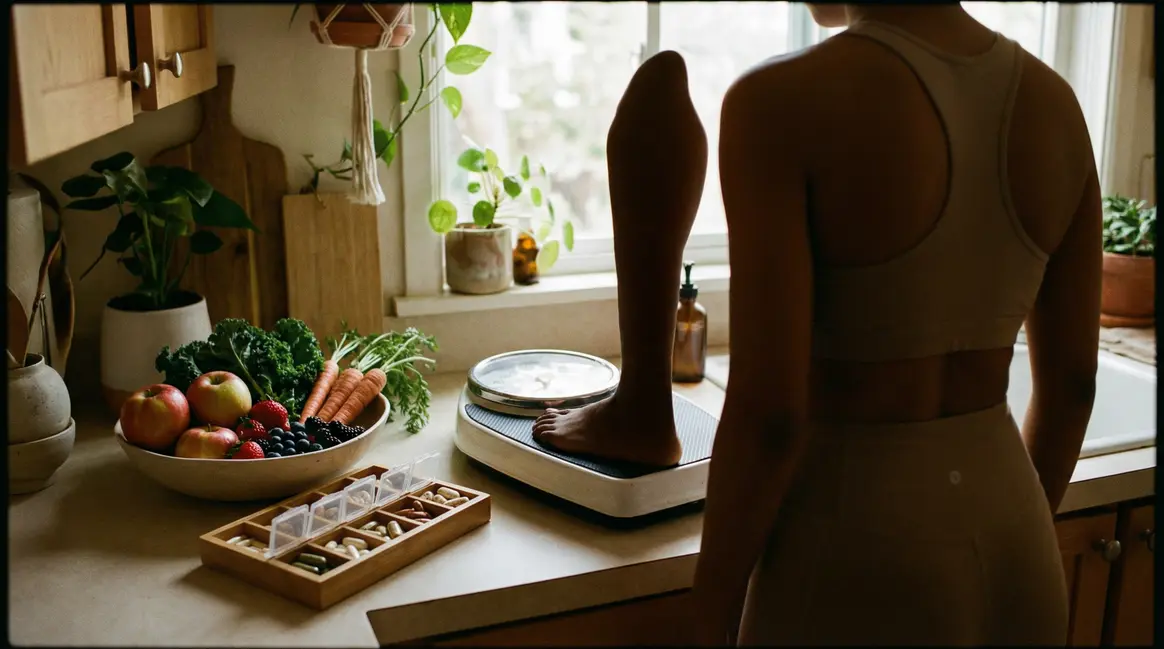 Balance, sportif, pilulier et fruits pour complément brûle-graisse efficace