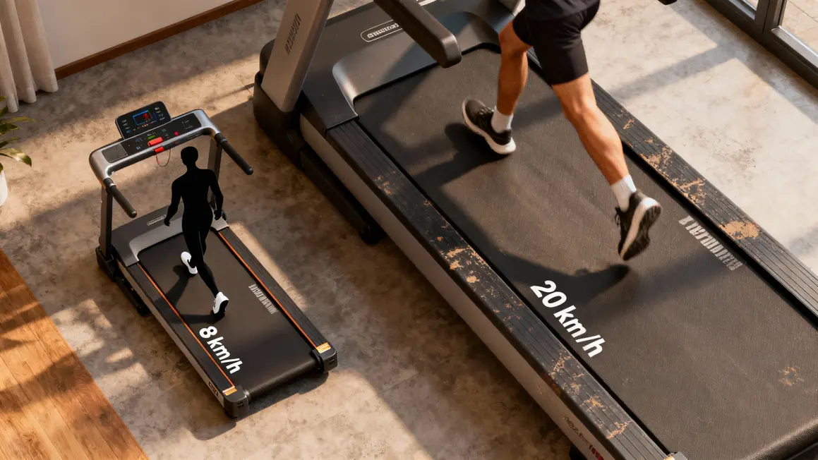 Deux tapis roulants vus du dessus : 8 km/h et 20 km/h