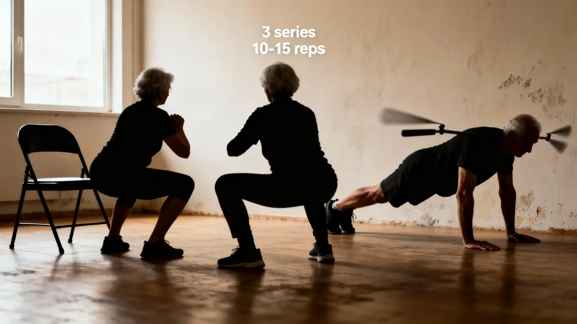 Seniors executant squat chaise et pompe murale