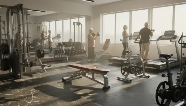 Salle de musculation lumineuse avec seniors en activite
