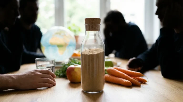 Flacon de PhenQ sur table avec globe terrestre et aliments