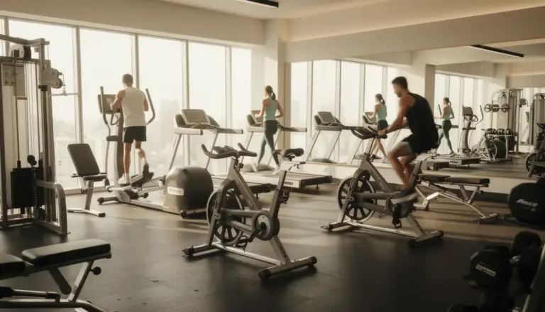 Salle de sport lumineuse avec sportifs sur équipements