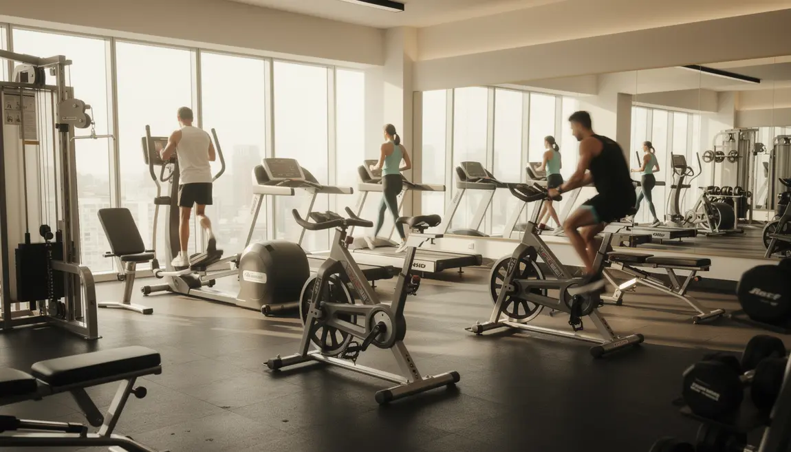 Salle de sport lumineuse avec sportifs sur équipements