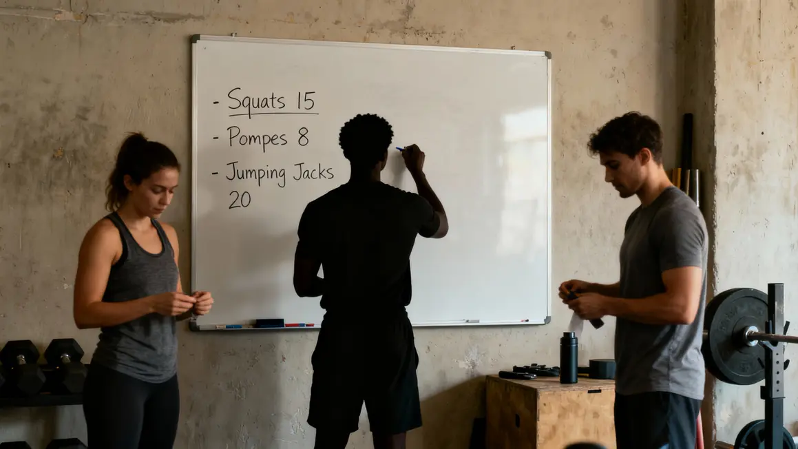 Tableau blanc WOD cardio squats pompes jumping jacks