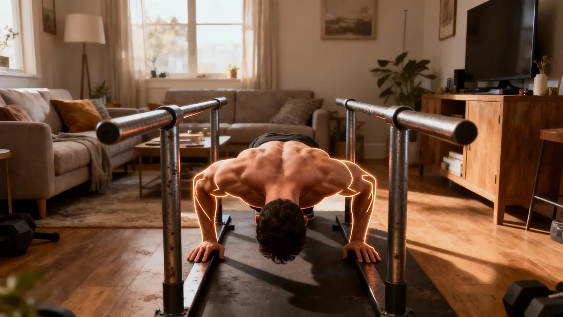Barres de dips en acier dans espace de vie, muscles sollicités