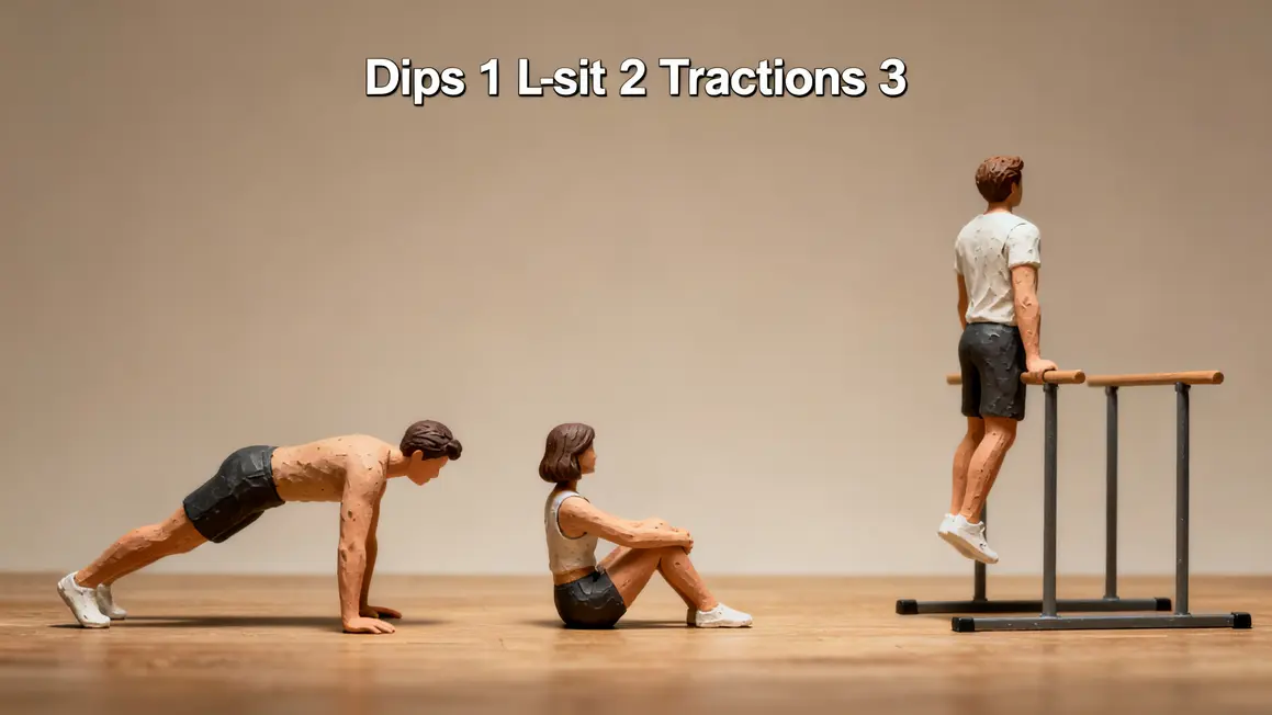Exercices dips, L-sit, tractions australiennes sur barres de dips
