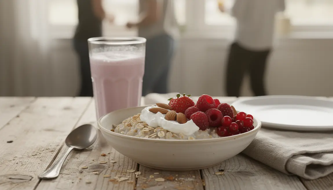 Petit déjeuner sain riche en protéines pour sèche, bol d’avoine, fromage blanc et fruits