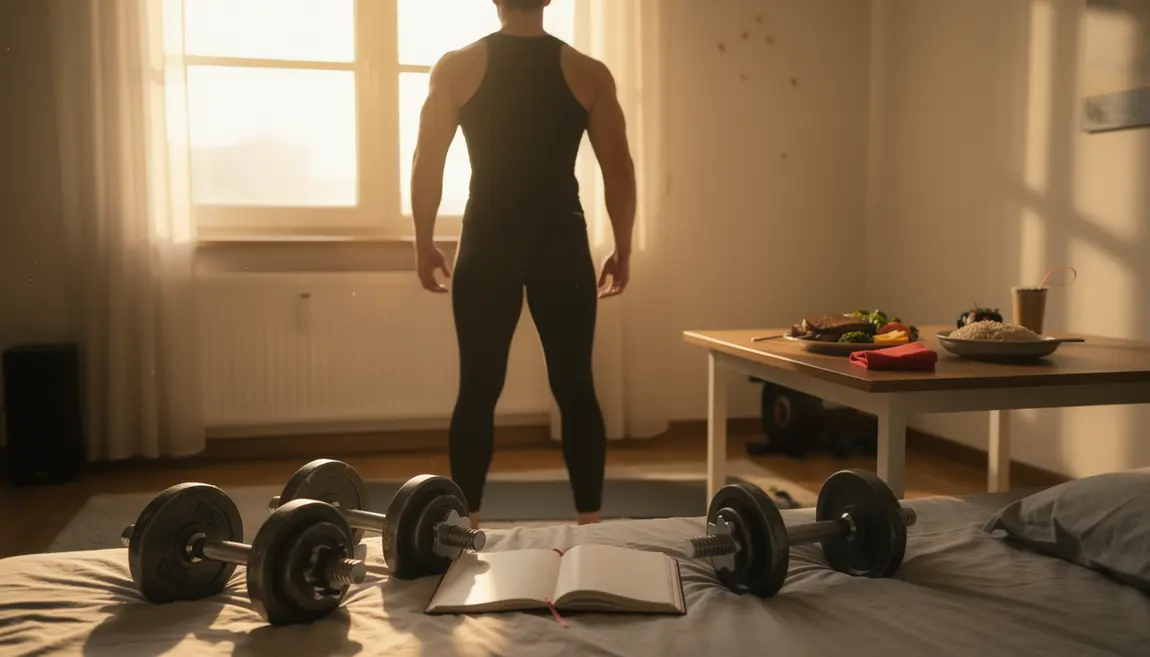routine prise de masse musculaire avec coach, haltères, repas équilibré