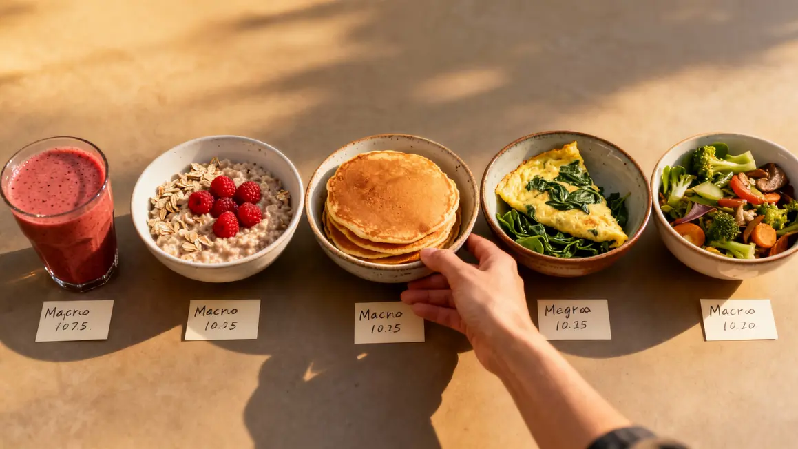 5 recettes petit déjeuner sèche avec macros : smoothie, avoine, pancakes, omelette, bol végétarien