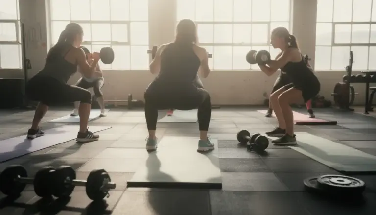 groupe diverse squat salle de sport renforcement mobilité