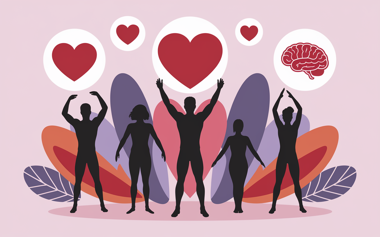 Silhouettes variées, haltères, icônes santé cœur os cerveau