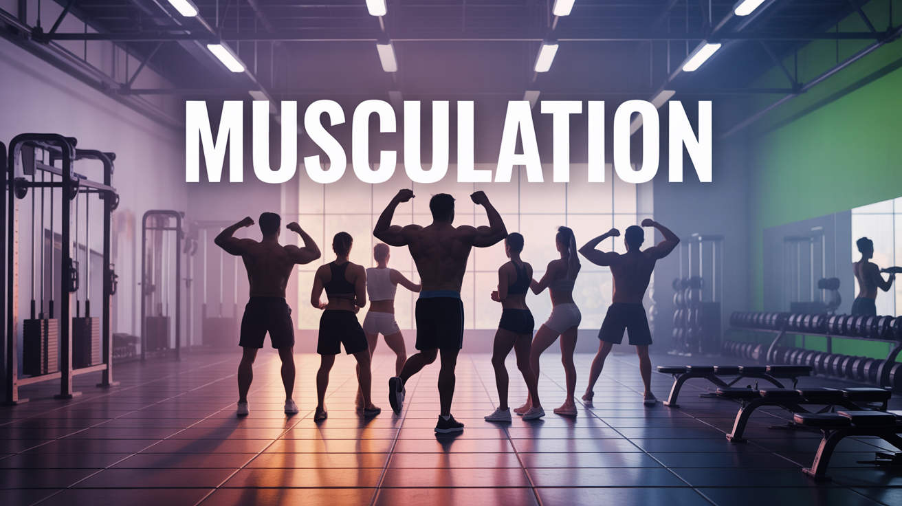 Salle de musculation moderne, silhouettes mixtes s'entraînant