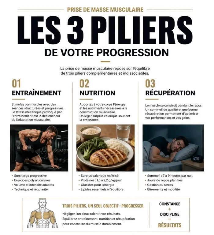 Infographie des trois piliers pour réussir son programme prise de masse débutant