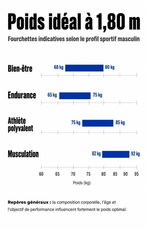 Tableau comparatif du poids idéal homme 1m80 sportif selon le type d'activité physique