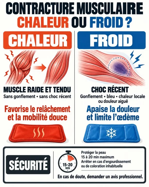 Infographie froid ou chaud sur contracture selon les signes et la présence d'un gonflement