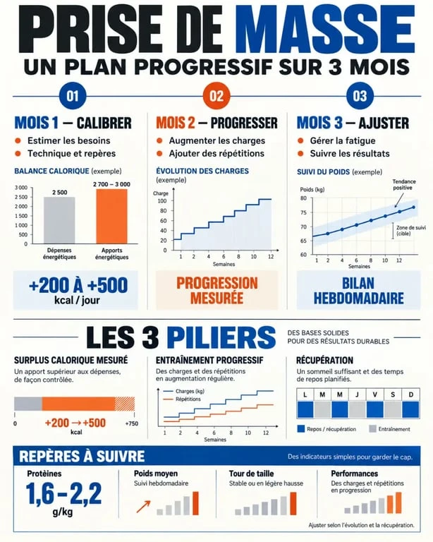Infographie sur une prise de masse 3 mois avec surplus calorique, entraînement et récupération