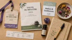 Salon du bien etre 2025 : badges et programmes sur table