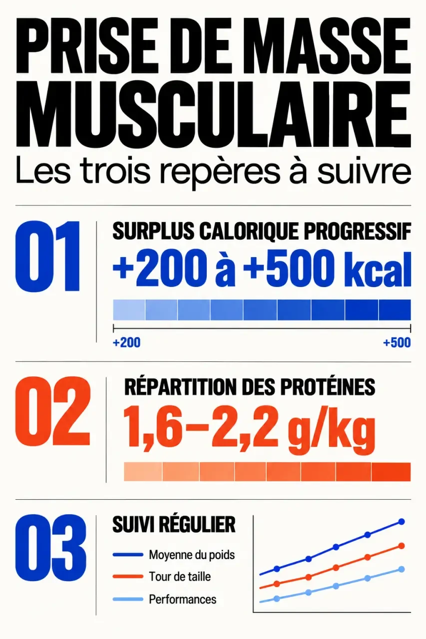 Infographie sur un régime de prise de masse avec surplus calorique, protéines et suivi de progression