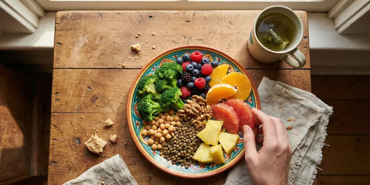 Assiette colorée aliments anti-graisse vue du dessus
