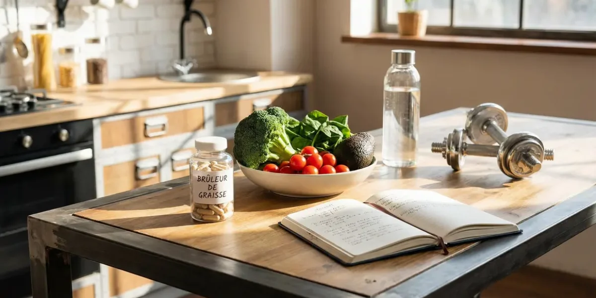 bruleur de graisse capsule avec légumes, eau, carnet, haltères