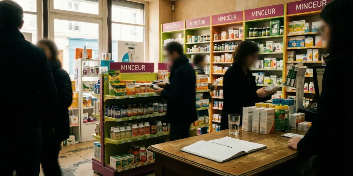 Pharmacie avec bruleurs de graisse, clients choisisant produits minceur