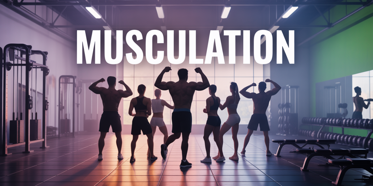 Salle de musculation moderne, silhouettes mixtes s'entraînant