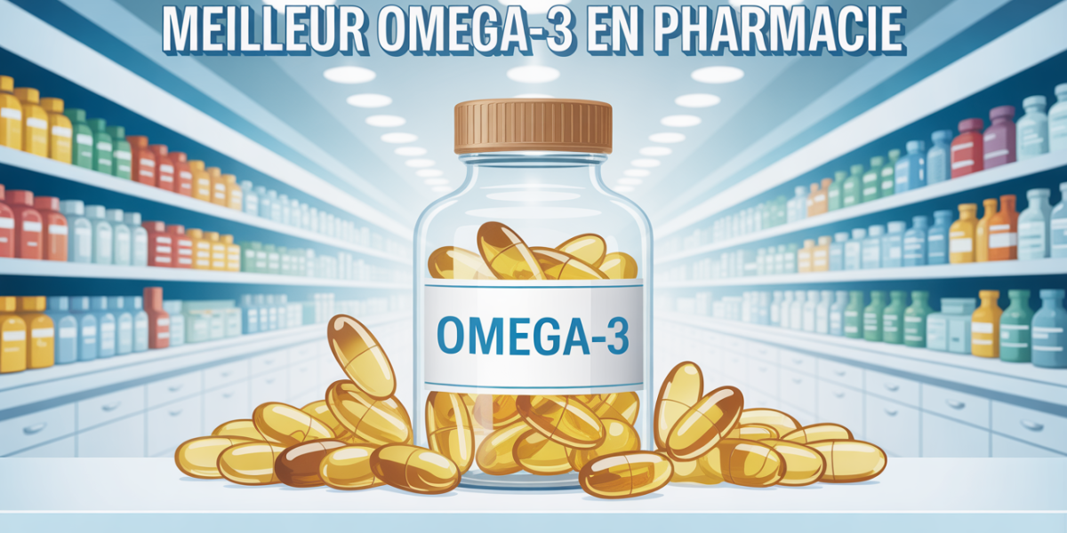 flacon omega 3 transparent et capsules dorees pharmacie