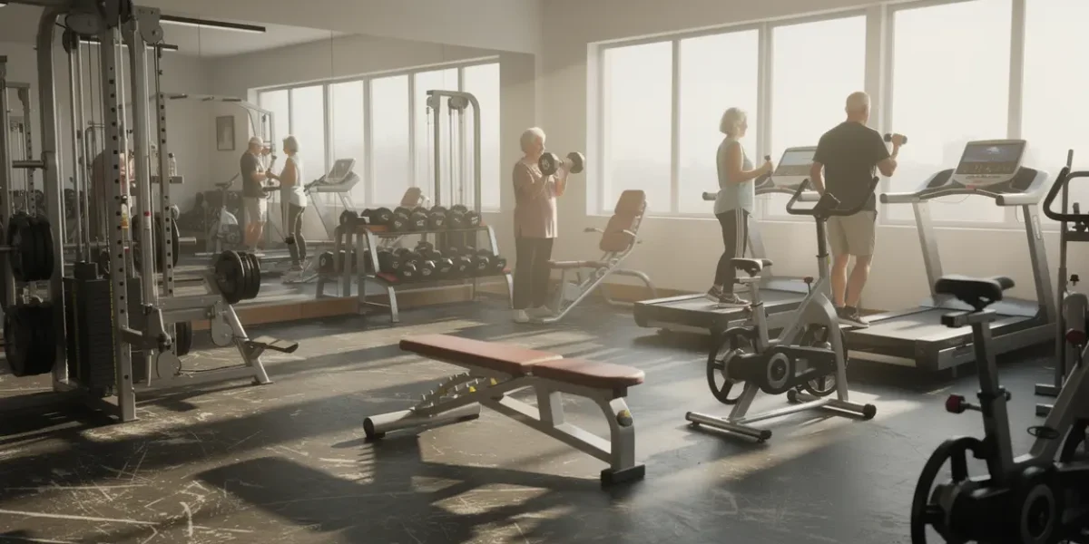Salle de musculation lumineuse avec seniors en activite