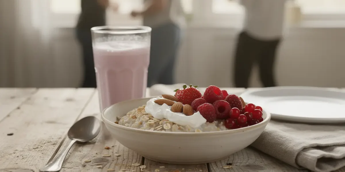 Petit déjeuner sain riche en protéines pour sèche, bol d’avoine, fromage blanc et fruits