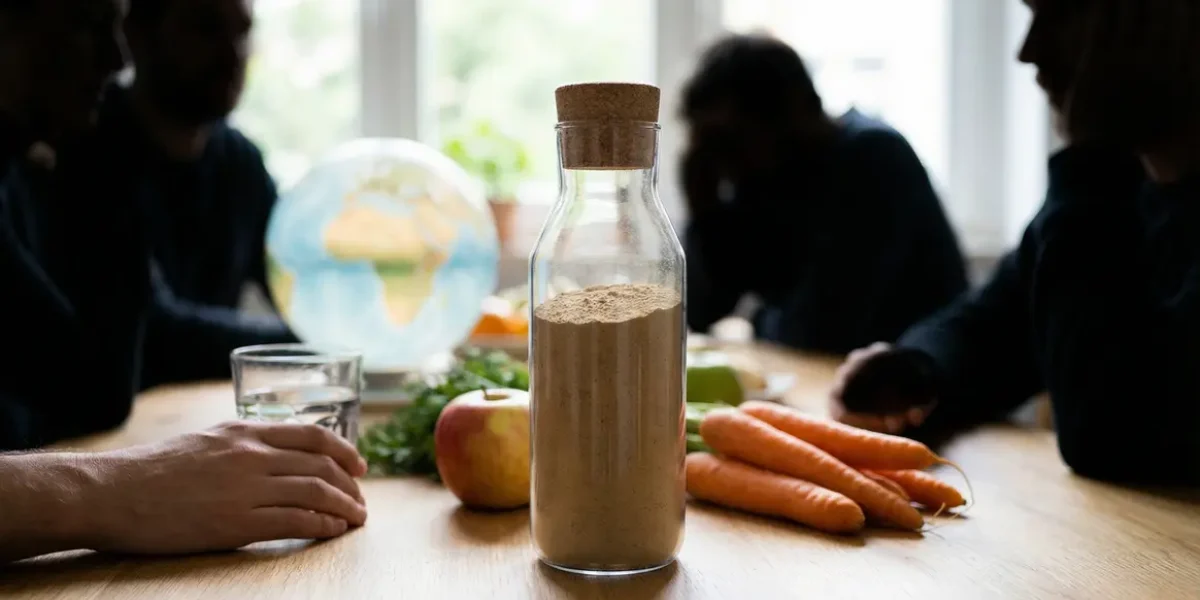 Flacon de PhenQ sur table avec globe terrestre et aliments