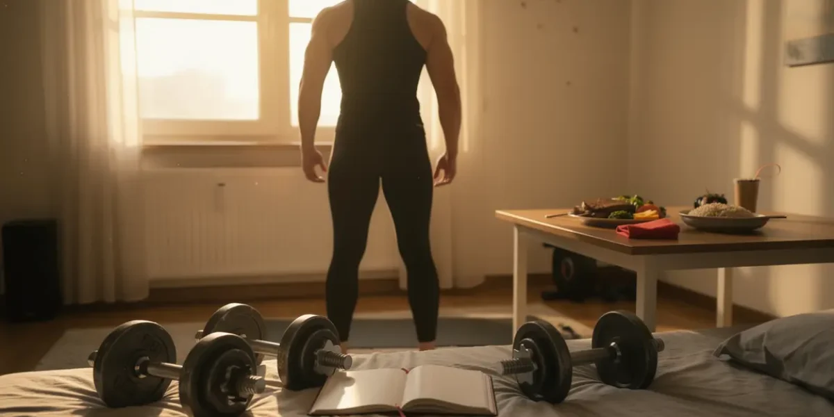 routine prise de masse musculaire avec coach, haltères, repas équilibré