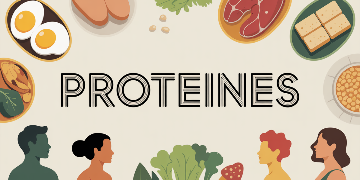illustration aliments riches en proteines et silhouettes vitalite