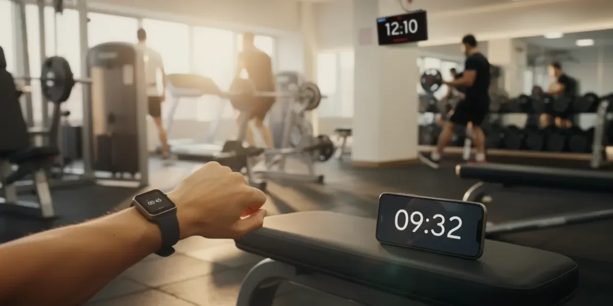 Vue d'ensemble salle de sport avec chronomètre sport