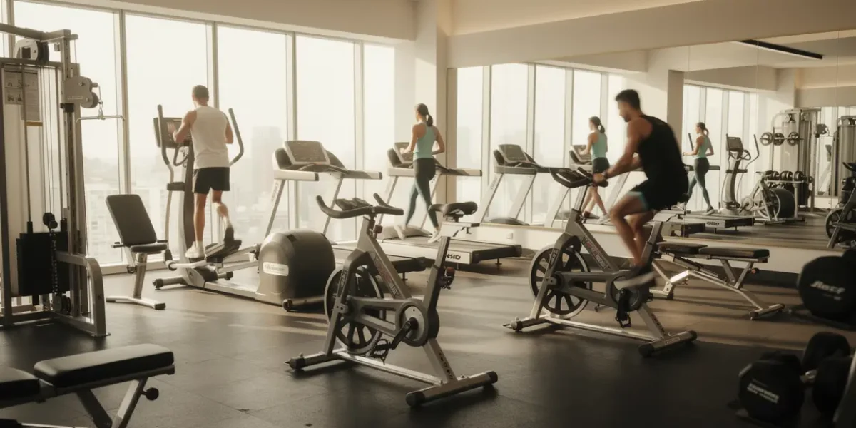 Salle de sport lumineuse avec sportifs sur équipements