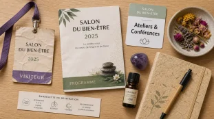 Salon du bien etre 2025 : badges et programmes sur table