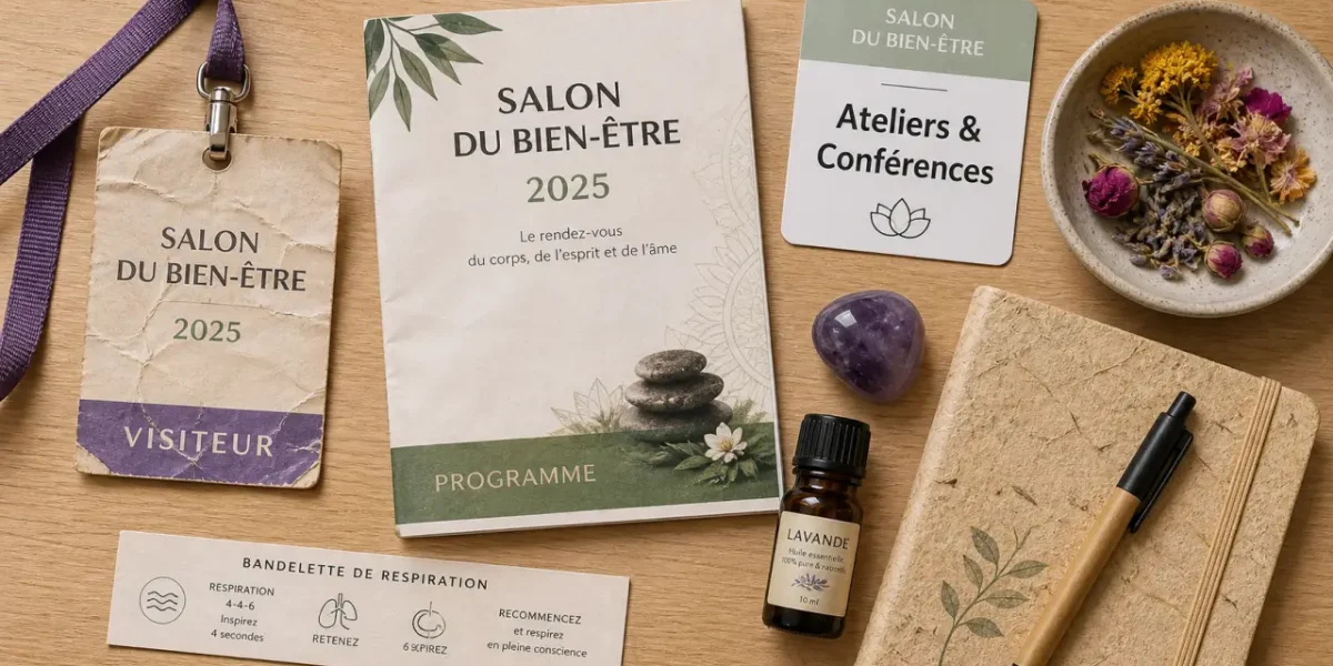Salon du bien etre 2025 : badges et programmes sur table