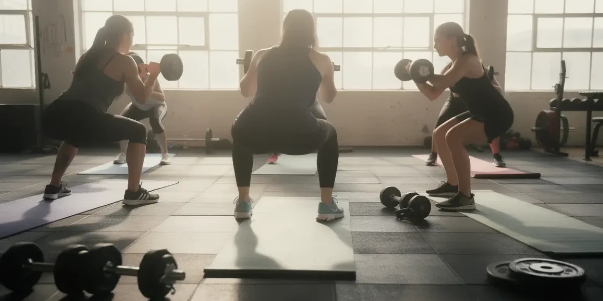 groupe diverse squat salle de sport renforcement mobilité